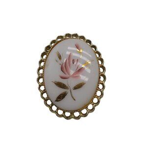 Vintage Gold Toned Oval Brooch Hand Painted Pink Floral Design on Milk Glass